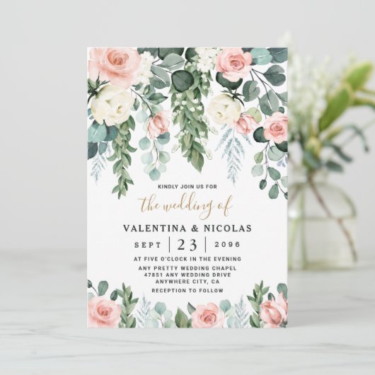 赤面ピンクフローラバラガーデンウォーター結婚カラー 招待状 (スタンド正面)