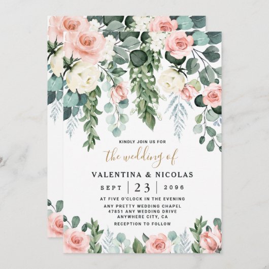 赤面ピンクフローラバラガーデンウォーター結婚カラー 招待状 (正面/裏面)