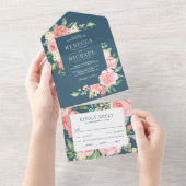 赤面ピンクフローラバラガーデンダスティブルー結婚ズ オールインワン招待状 (貼ってはがせる)