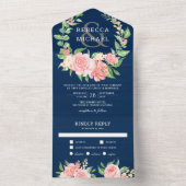 赤面ピンクフローラバラガーランドネイビーブルー結婚ズ オールインワン招待状 (内側)