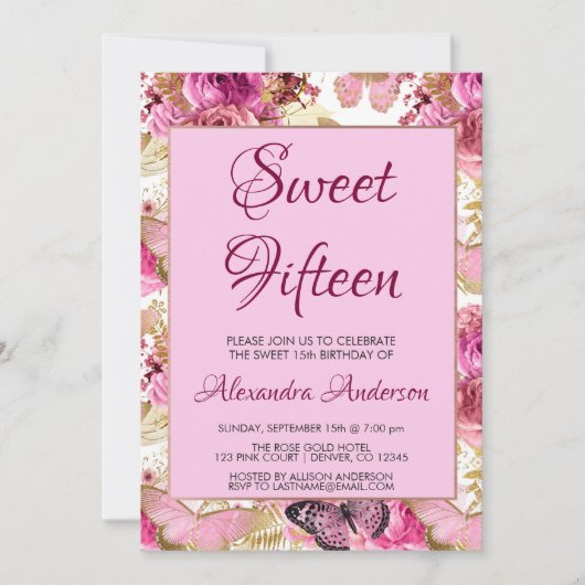 赤面ピンクフローラバラスウィートフィフティブモノグラム 招待状 (正面)