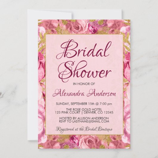 赤面ピンクフローラバラブライダルシャワーモノグラム 招待状 (正面)