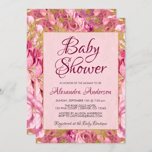 赤面ピンクフローラバラベビーシャワーモノグラム 招待状 (正面/裏面)