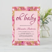 赤面ピンクフローラバラベビーシャワーモノグラム 招待状 (スタンド正面)