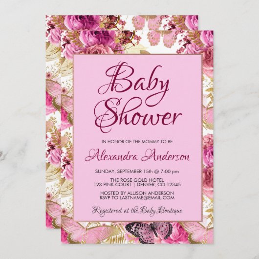 赤面ピンクフローラバラベビーシャワーモノグラム 招待状 (正面/裏面)
