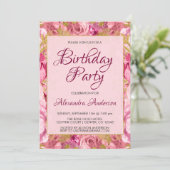赤面ピンクフローラバラモノグラムバースデーパーティー 招待状 (スタンド正面)