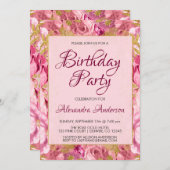 赤面ピンクフローラバラモノグラムバースデーパーティー 招待状 (正面/裏面)