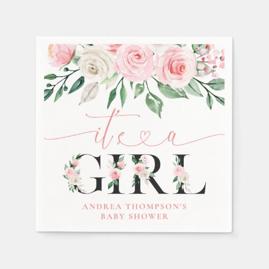 赤面ピンクフローラバラ女の子の赤ちゃんシャワー スタンダードカクテルナプキン (正面)