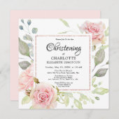 赤面ピンクフローラバラ金ゴールドスクエア《キリスト教》洗礼式や命名式 招待状 (正面/裏面)