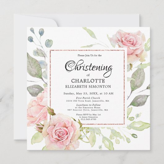 赤面ピンクフローラバラ金ゴールドスクエア《キリスト教》洗礼式や命名式 招待状 (正面)