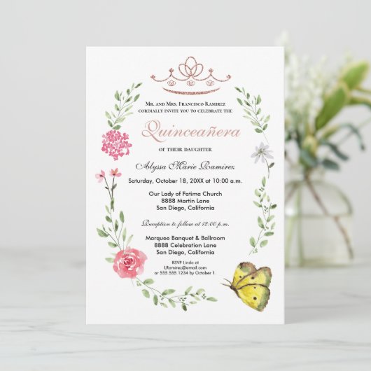 赤面ピンクフローラバラ金ゴールドティアラキンセアニェラ 招待状 (スタンド正面)