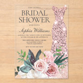 赤面ピンクフローラバラ金ゴールドドレスブライダルシャワー アクリル招待状 (正面)