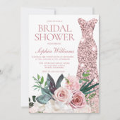 赤面ピンクフローラバラ金ゴールドドレスブライダルシャワー 招待状 (正面)