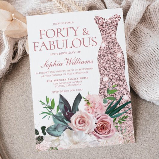 赤面ピンクフローラバラ金ゴールドドレス40th誕生日 招待状