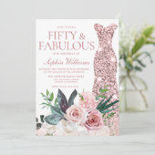 赤面ピンクフローラバラ金ゴールドドレス50誕生日 招待状 (スタンド正面)