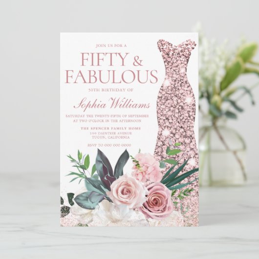赤面ピンクフローラバラ金ゴールドドレス50誕生日 招待状 (スタンド正面)