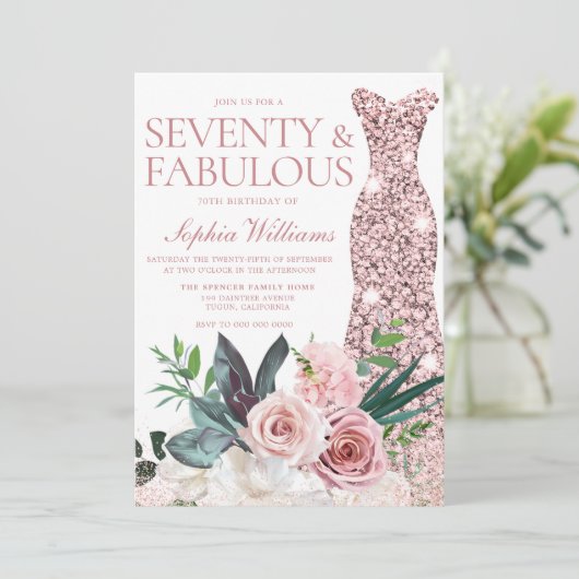 赤面ピンクフローラバラ金ゴールドドレス70誕生日 招待状 (スタンド正面)