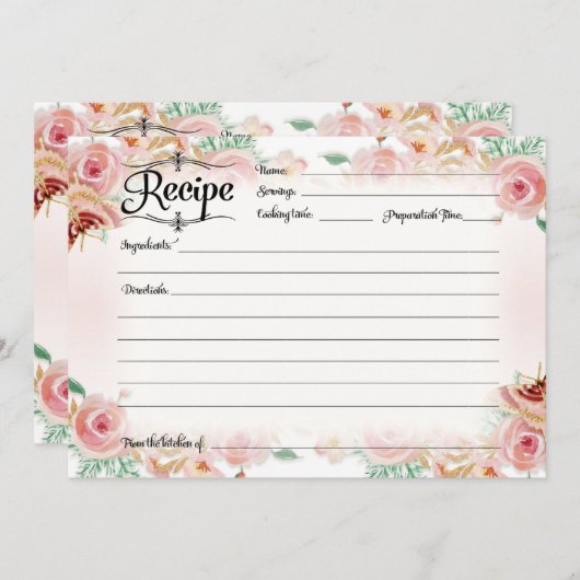 赤面ピンクフローラバラ金ゴールドレシピブライダルシャワー 招待状 (正面/裏面)