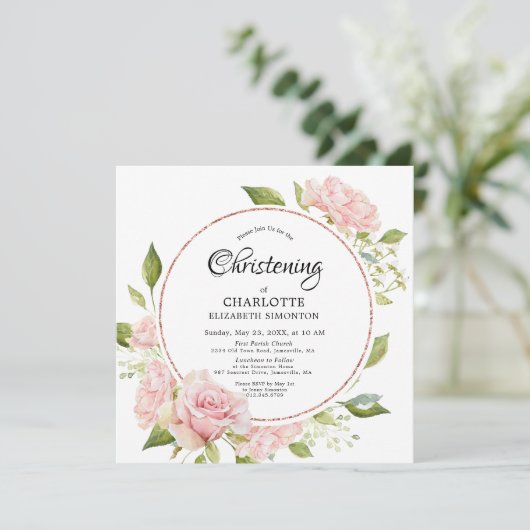 赤面ピンクフローラバラ金ゴールド水彩《キリスト教》洗礼式や命名式 招待状 (スタンド正面)