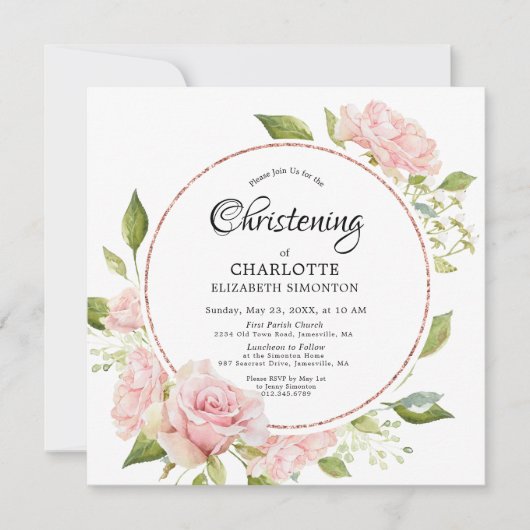 赤面ピンクフローラバラ金ゴールド水彩《キリスト教》洗礼式や命名式 招待状 (正面)