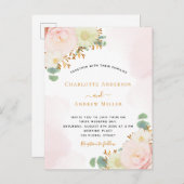 赤面ピンクフローラバラ金ゴールド結婚式招待状 ポストカード (正面/裏面)