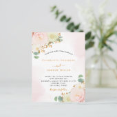 赤面ピンクフローラバラ金ゴールド結婚式招待状 ポストカード (スタンド正面)
