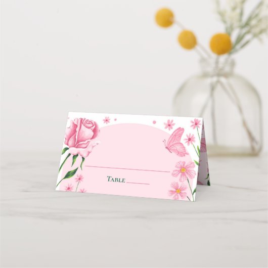 赤面ピンクフローラバラ&バタフライキンセアニラ プレイスカード (正面)