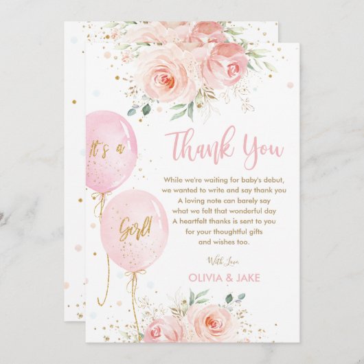 赤面ピンクフローラバルーン金ゴールドガールベビーシャワー サンキューカード (正面/裏面)