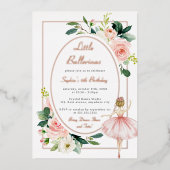 赤面ピンクフローラバレリーナ子供の誕生日 箔招待状 (正面)