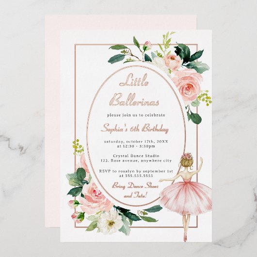 赤面ピンクフローラバレリーナ子供の誕生日 箔招待状 (正面/裏面)