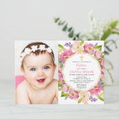 赤面ピンクフローラパステルズバプテスマガール写真 招待状 (スタンド正面)
