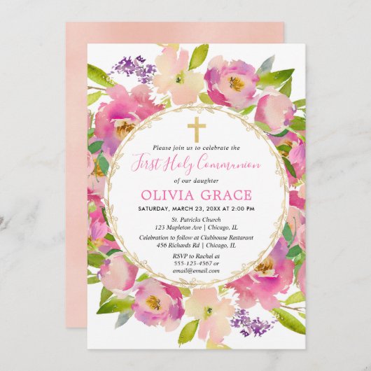 赤面ピンクフローラパステルファースト・ホリー・コミュニオン 招待状 (正面/裏面)
