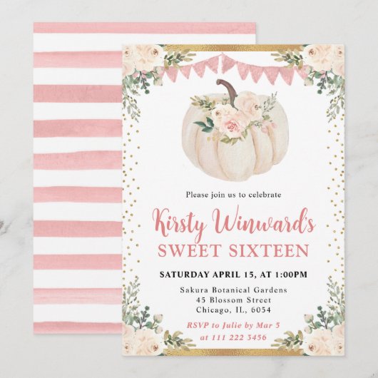 赤面ピンクフローラパンプキン秋スウィート16 招待状 (正面/裏面)