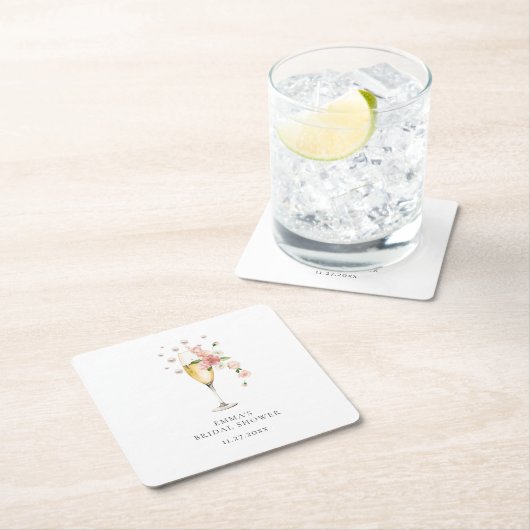 赤面ピンクフローラパール&プロセッコブライダルシャワー スクエアペーパーコースター (インサイチュ)