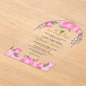 赤面ピンクフローラビクトリアンブライダルシャワーアーチ アクリル招待状 (レイダウン)