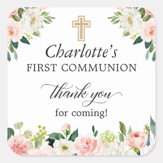 赤面ピンクフローラファーストコミュニオンサンキュービター スクエアシール (正面)
