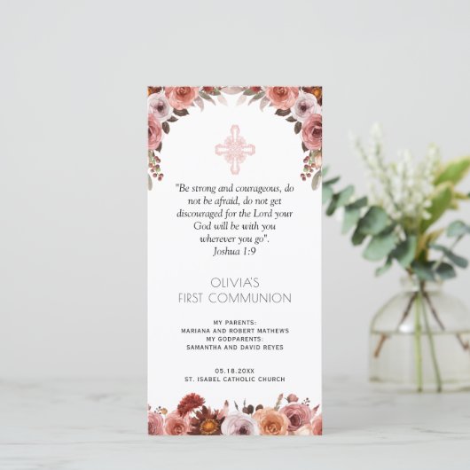 赤面ピンクフローラファーストコミュニオンブックマーク サンキューカード (スタンド正面)