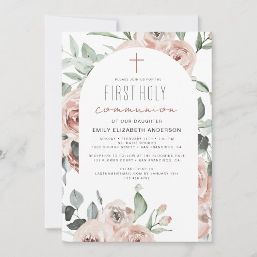 赤面ピンクフローラファーストホーリーコミュニオン 招待状 (正面)