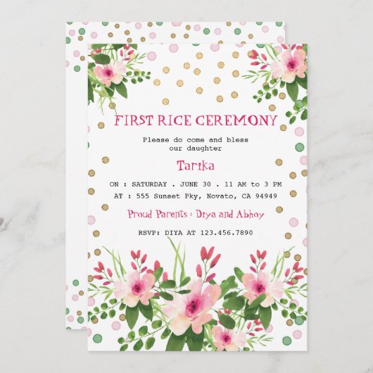 赤面ピンクフローラファーストライスセレモニーアンナプラシャン 招待状 (正面/裏面)