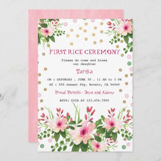 赤面ピンクフローラファースト・ライス・セレモニーMukhe Bhaat 招待状 (正面/裏面)