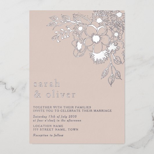 赤面ピンクフローラフォイル結婚式招待状 箔招待状 (正面)