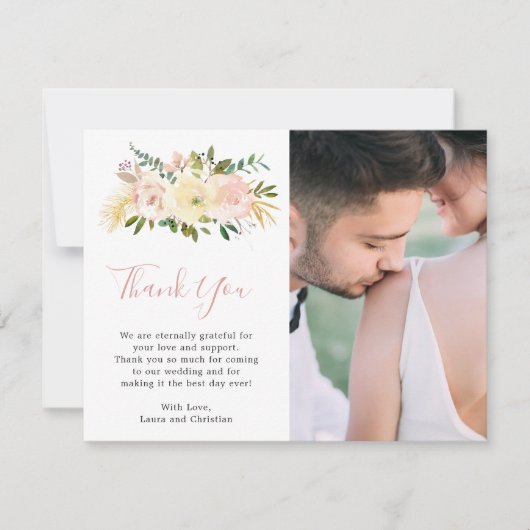 赤面ピンクフローラフォトエレガントな結婚式 サンキューカード (正面)