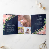 赤面ピンクフローラフォトコラージュNavy 結婚 Blue 三つ折り招待状 (内部)