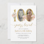 赤面ピンクフローラフォト100番目の誕生日招待状 招待状 (正面)