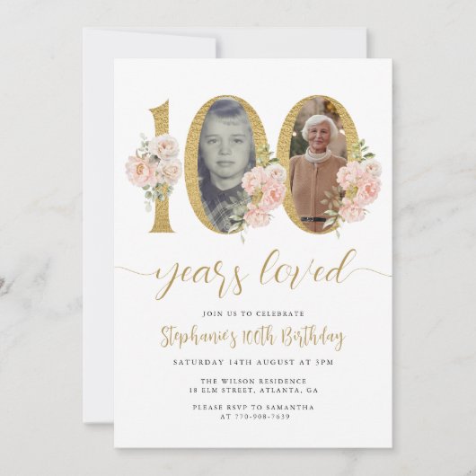 赤面ピンクフローラフォト100番目の誕生日招待状 招待状 (正面)