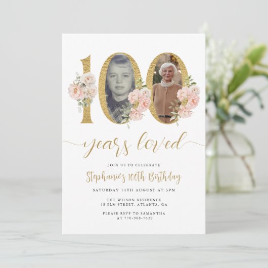 赤面ピンクフローラフォト100番目の誕生日招待状 招待状 (スタンド正面)