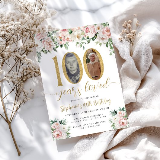 赤面ピンクフローラフォト100番目の誕生日招待状 招待状