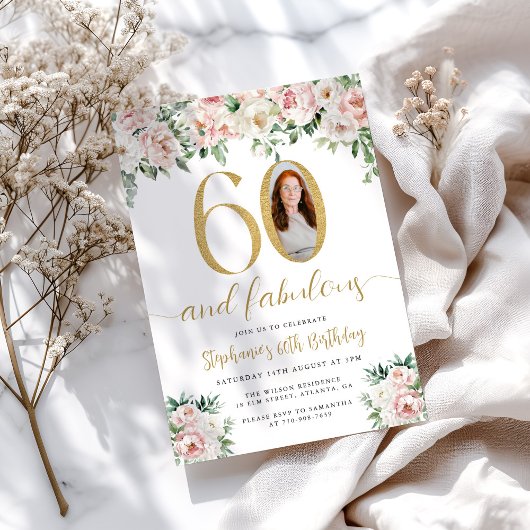 赤面ピンクフローラフォト60番目の誕生日招待状 招待状