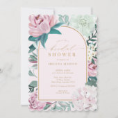 赤面ピンクフローラフラワーズ金ゴールドアーチブライダルシャワー 招待状 (正面)