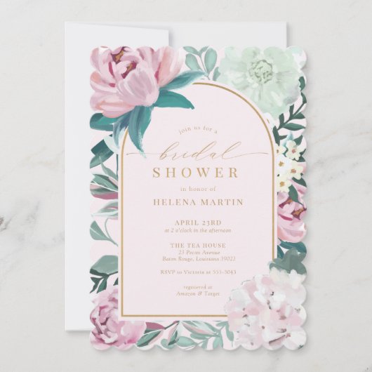 赤面ピンクフローラフラワーズ金ゴールドアーチブライダルシャワー 招待状 (正面)